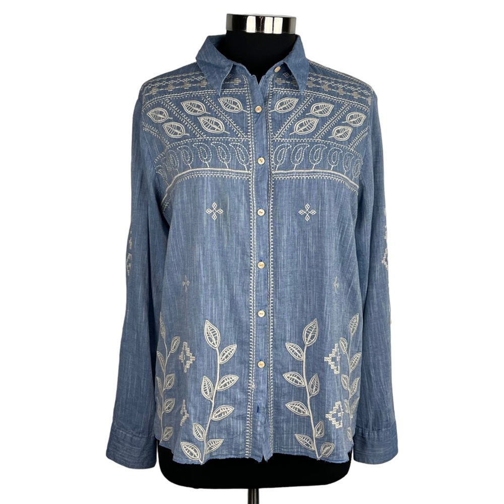JOHNNY WAS EMBROIDERED COTTON BUTTON DOWN SHIRT